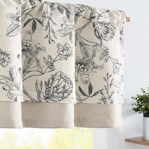 Linen Floral Valance for 50″W x 18″L (Pack of 1) Blooming Black on Beige
