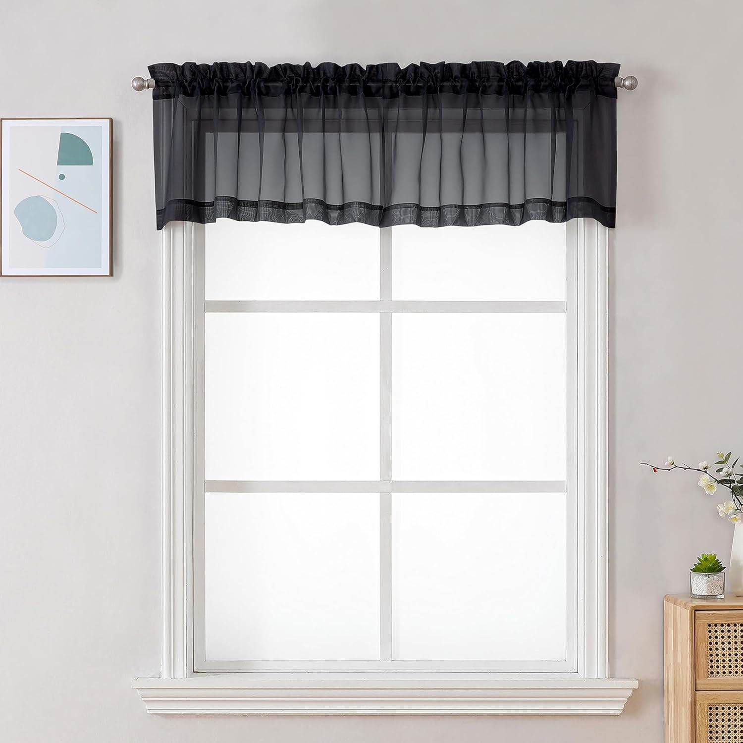 Black Sheer Valances for Windows 2 Pack, 42W x 14L Inches Small Window Curtains