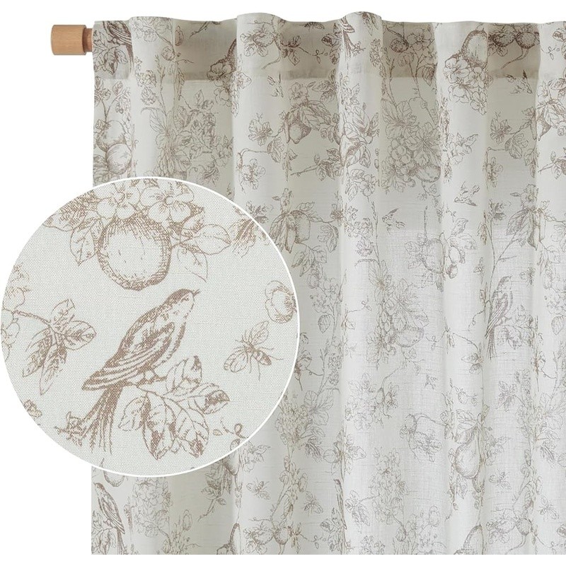 Floral Linen Blend Curtains Light Filtering Rustic Drapes Panels Set New