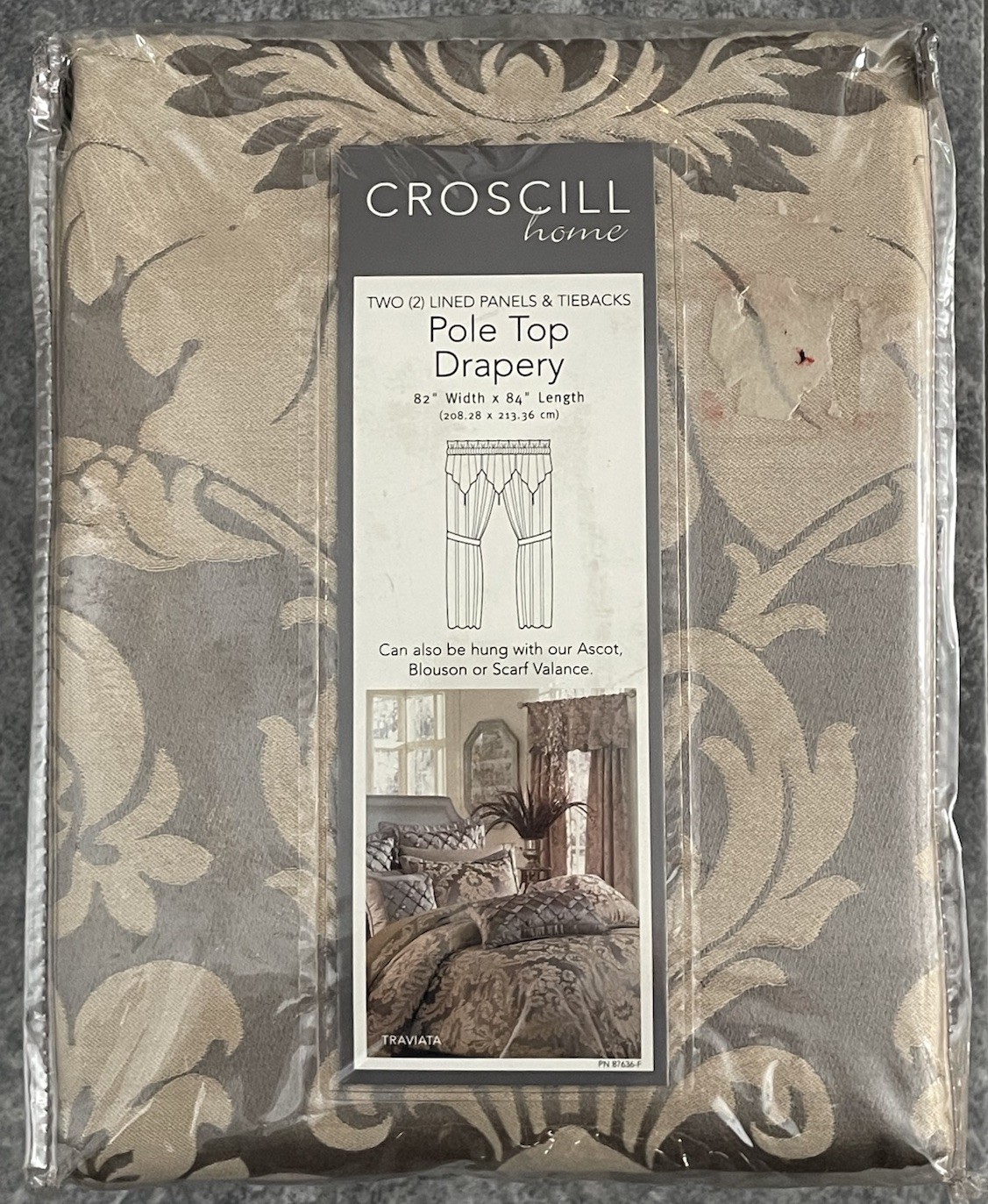 Vintage Croscill GREY TRAVIATA Pole Top Lined Drapery Panels/Tie Backs 82″ x 84″