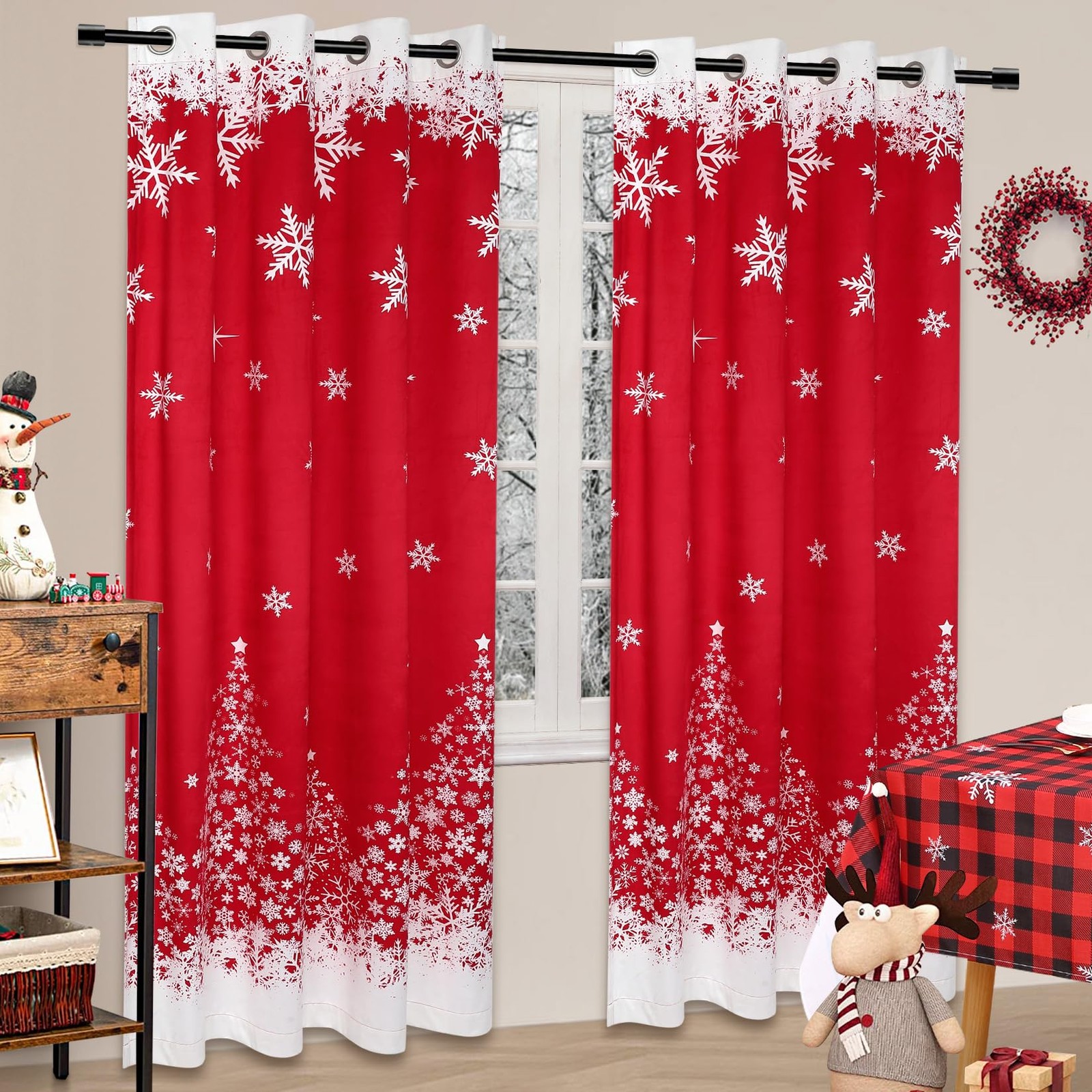 Caromio Christmas Curtains For Living Room 95 Inch Red Christmas Snowflake