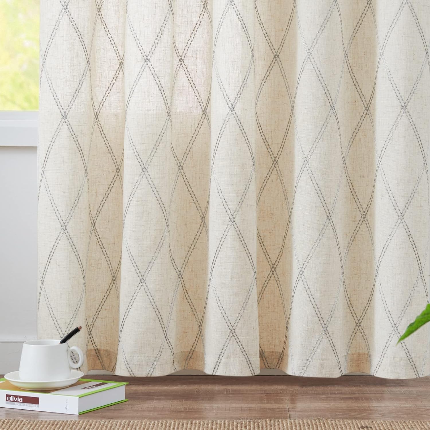 Embroidered Linen Curtains 2 Panels Boho Sheer Rod Grommets for Living Room