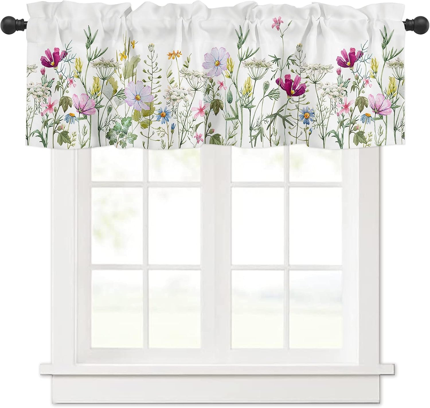 Curtain Valance, Wildflowers Spring Watercolor Flower Floral Print Plants Short