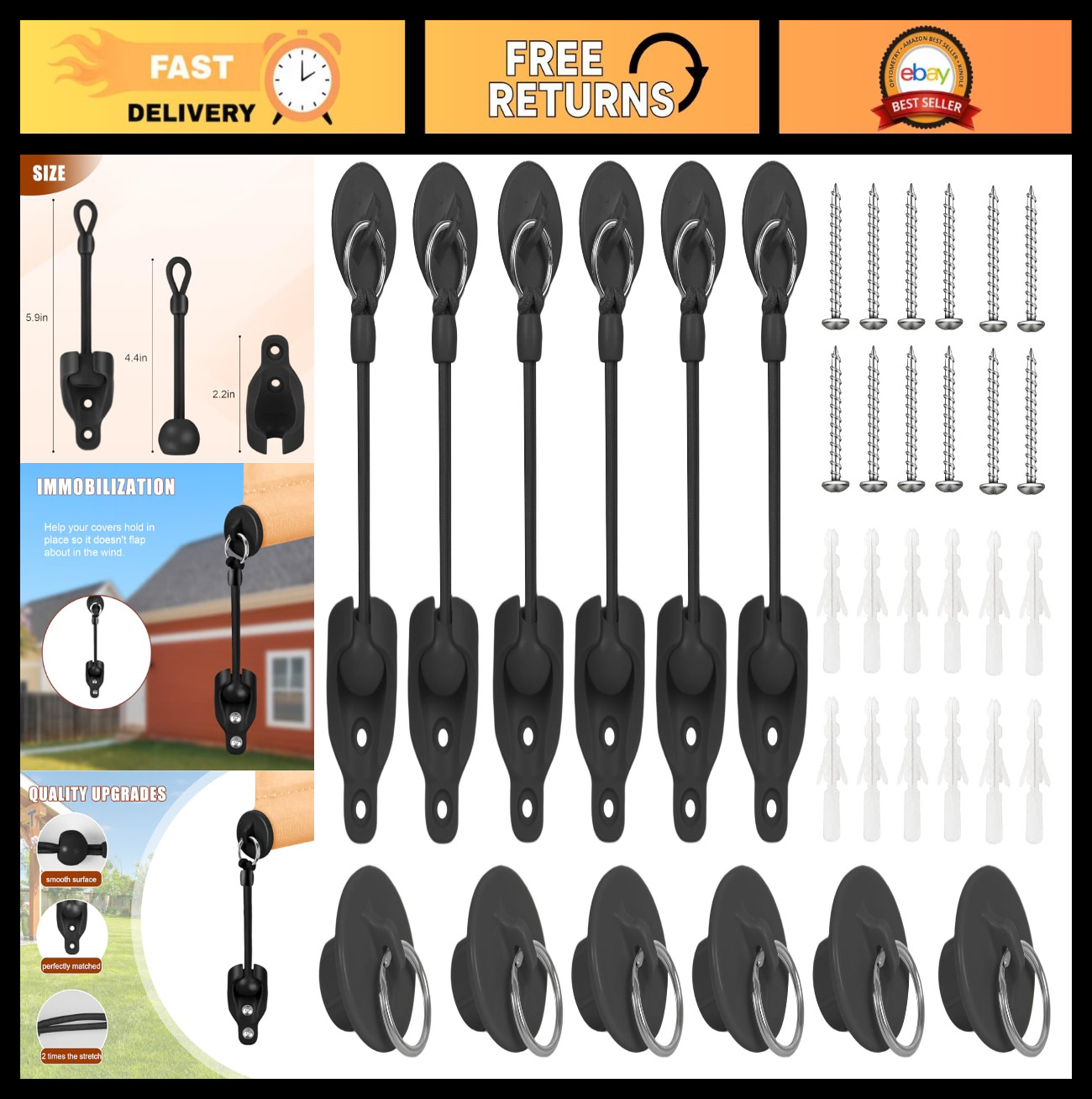 Outdoor Roller Shade Hardware Kit – Bungee, End Caps & Tie Downs (3 Pack, Black)