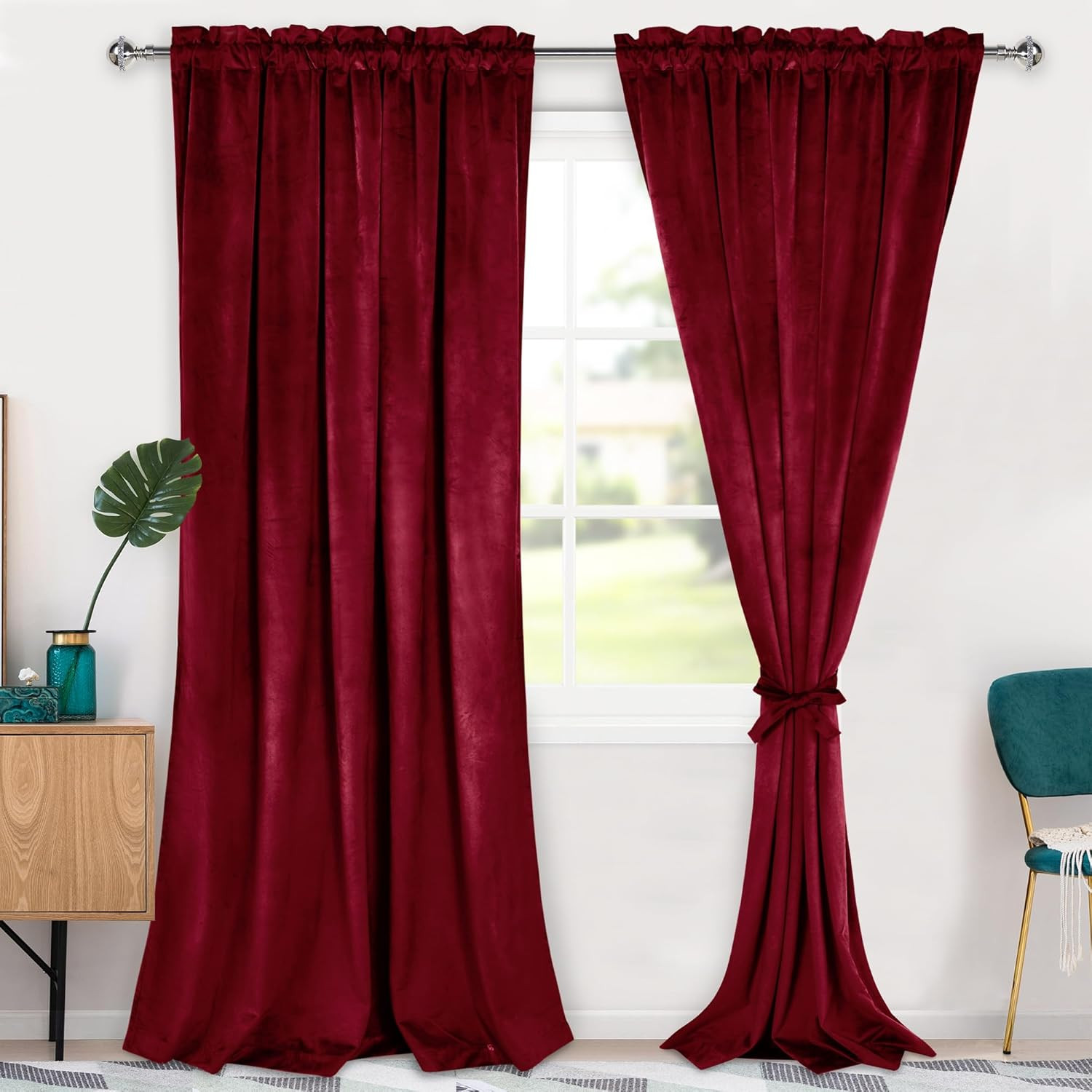 Red Velvet Blackout Curtains 96″ Thermal Insulated 2 Panels for Living Room