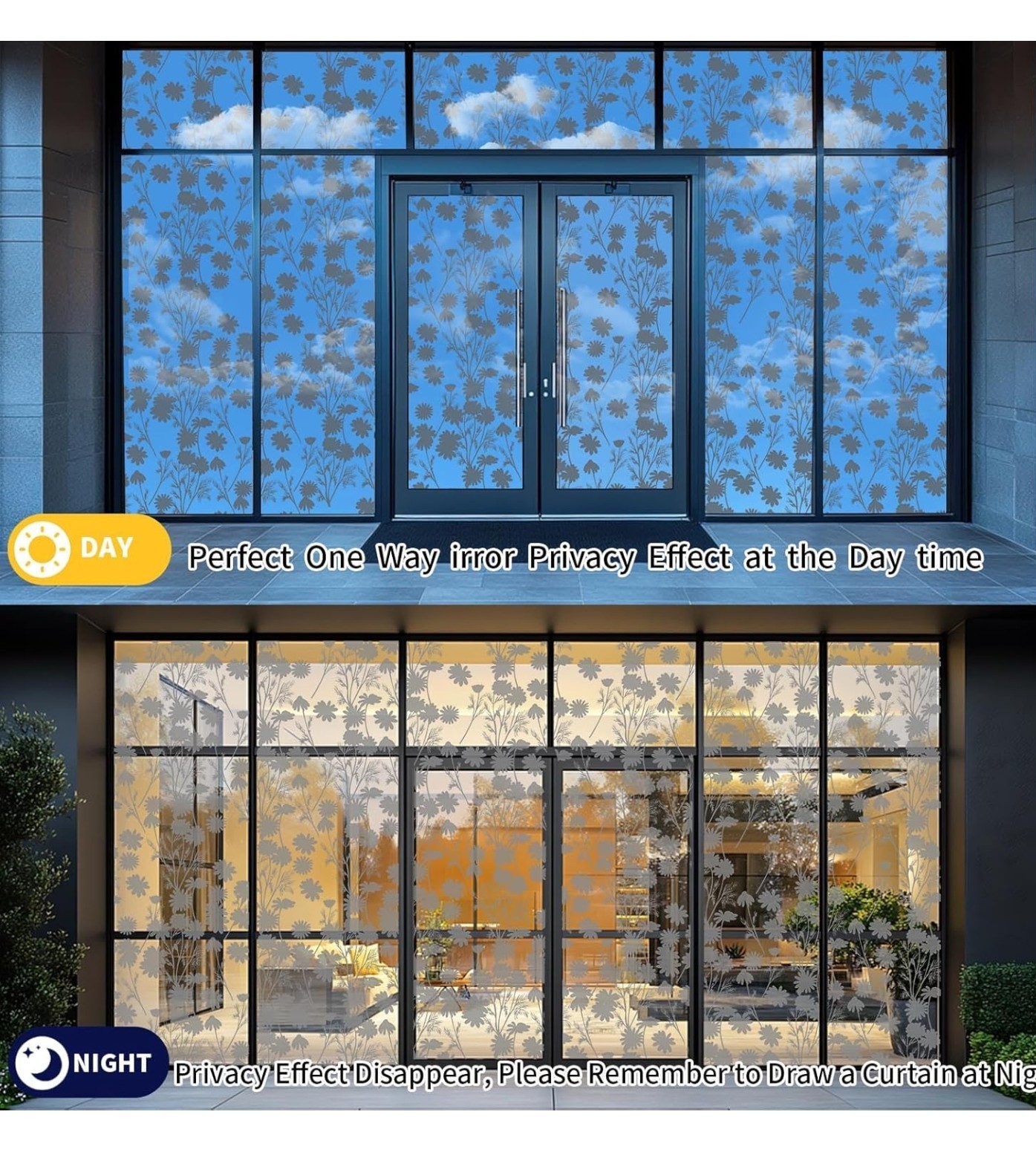 One Way Privacy Film, Window Tint for Home, BlackSilver -Daisy, 23.6 x 78.7 in.