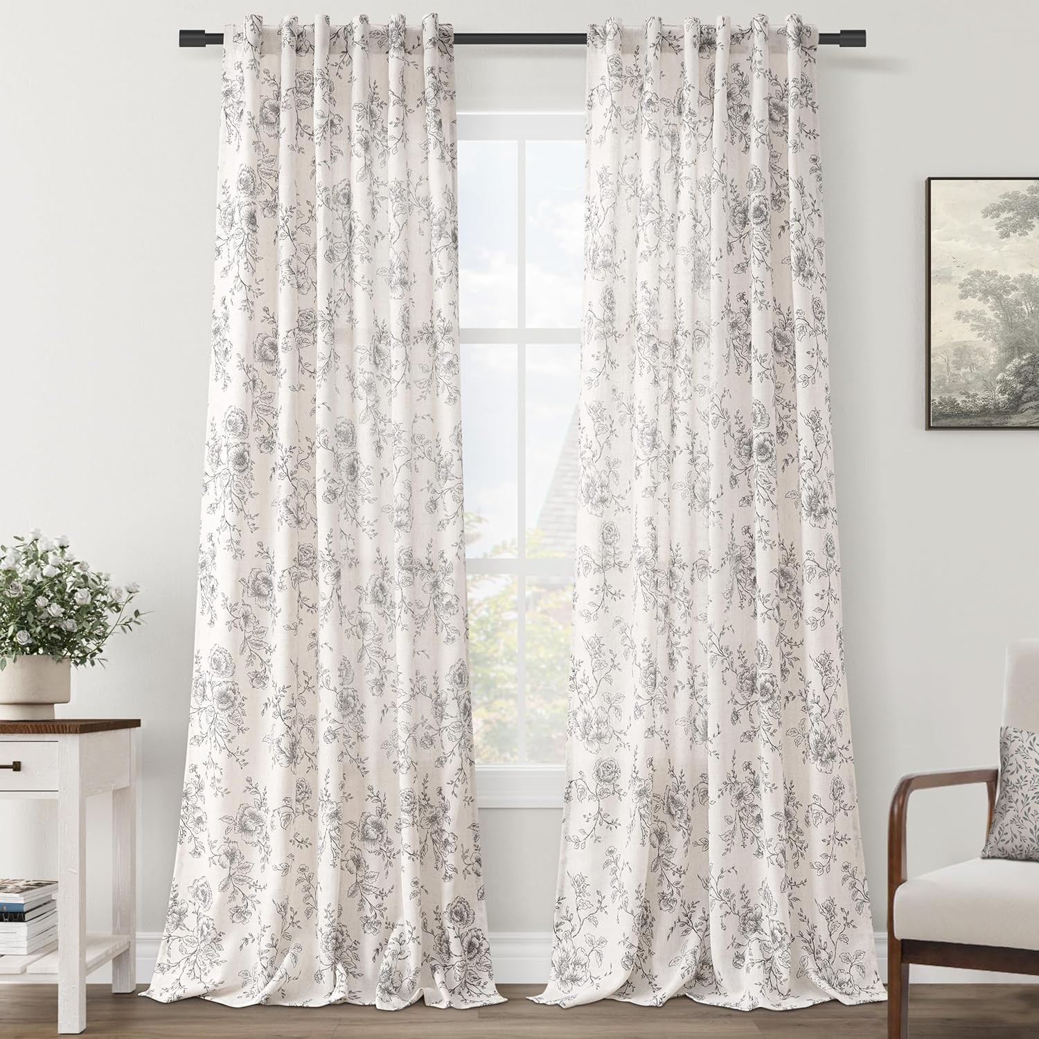 Meikelor Printed Linen Curtains 90 Inch Length 2 Panels