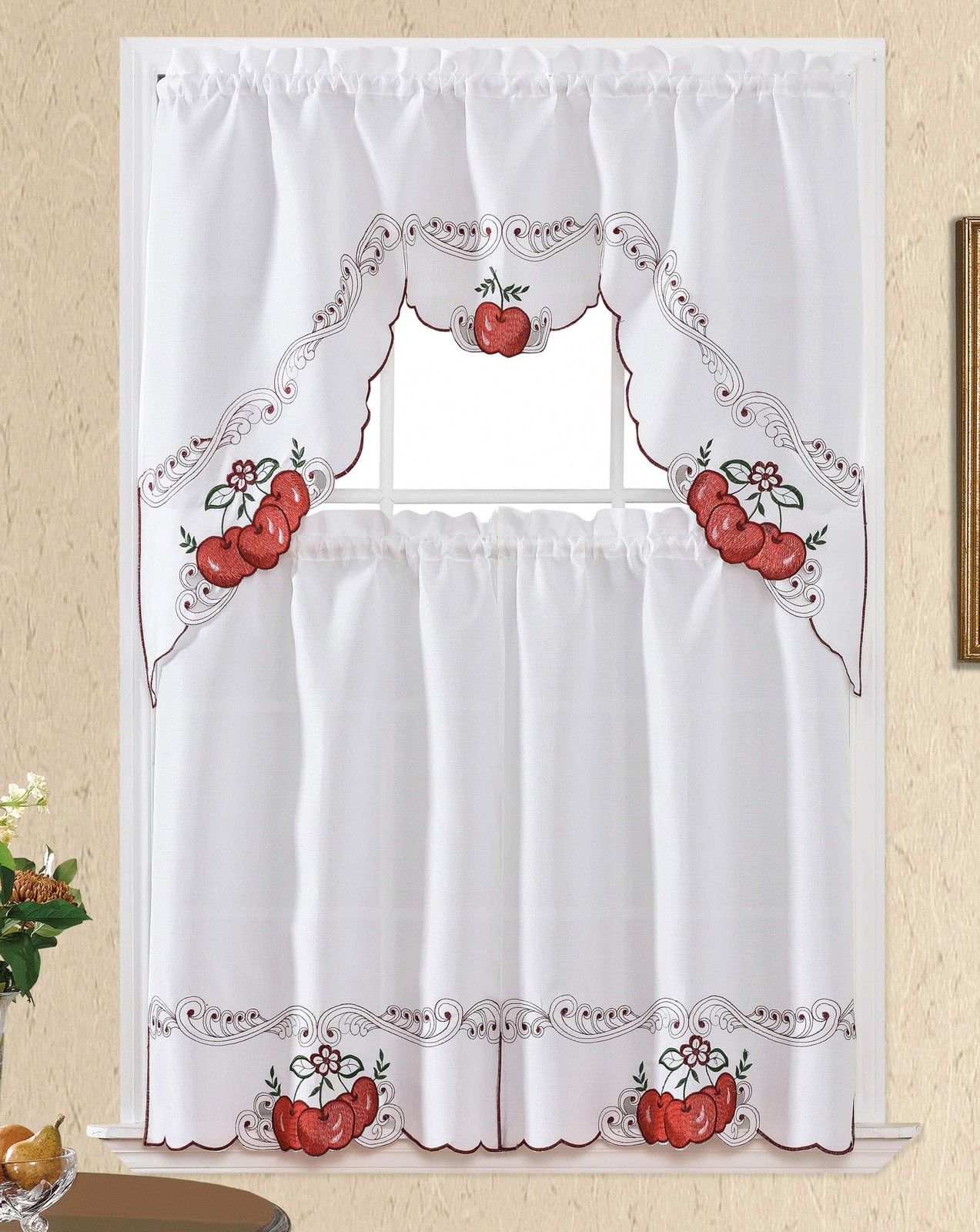 3 Piece Kitchen Cafe Curtain Set Embroidered Fruit Design Red Apple