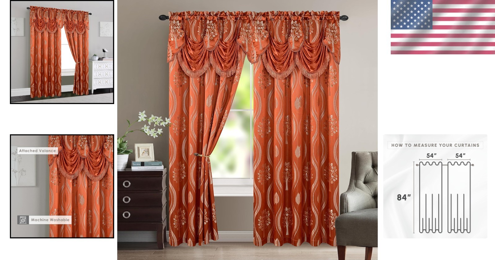 Versatile Aurora Jacquard Look Curtain Panels with Valance (54″ x 84″ Set of 2)
