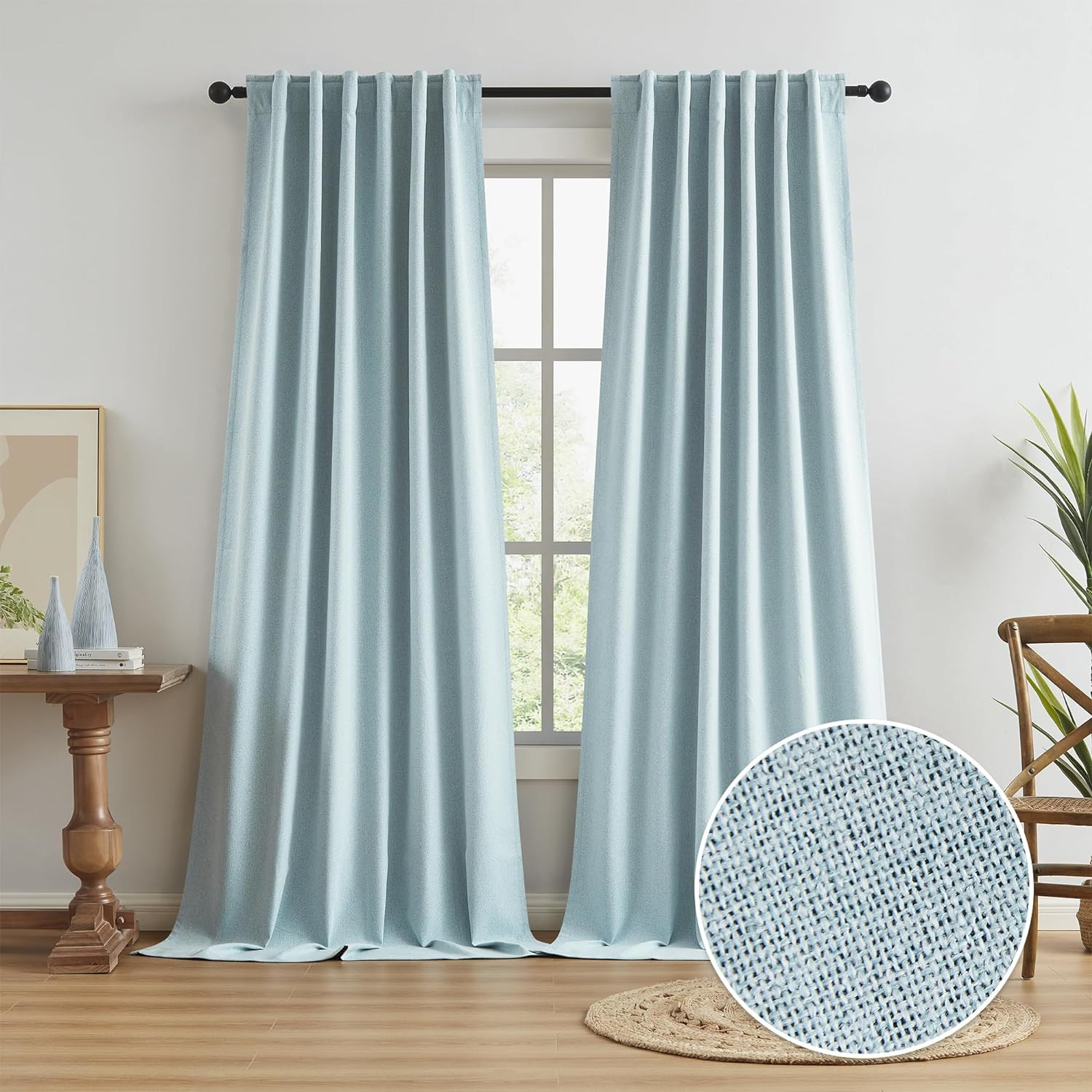 120 Inch Blackout Linen Curtains 2 Panels Full Light Blocking Drapes Sky Blue