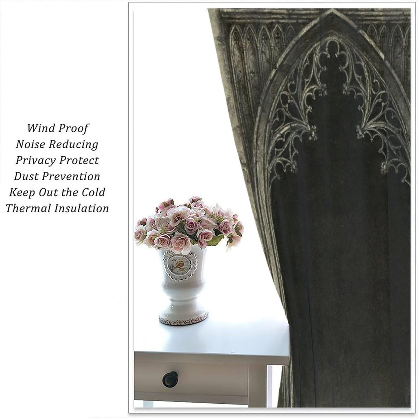 Gothic Dream Curtains, Vintage Gate Classical Palace Dark Black Misty Foggy M…