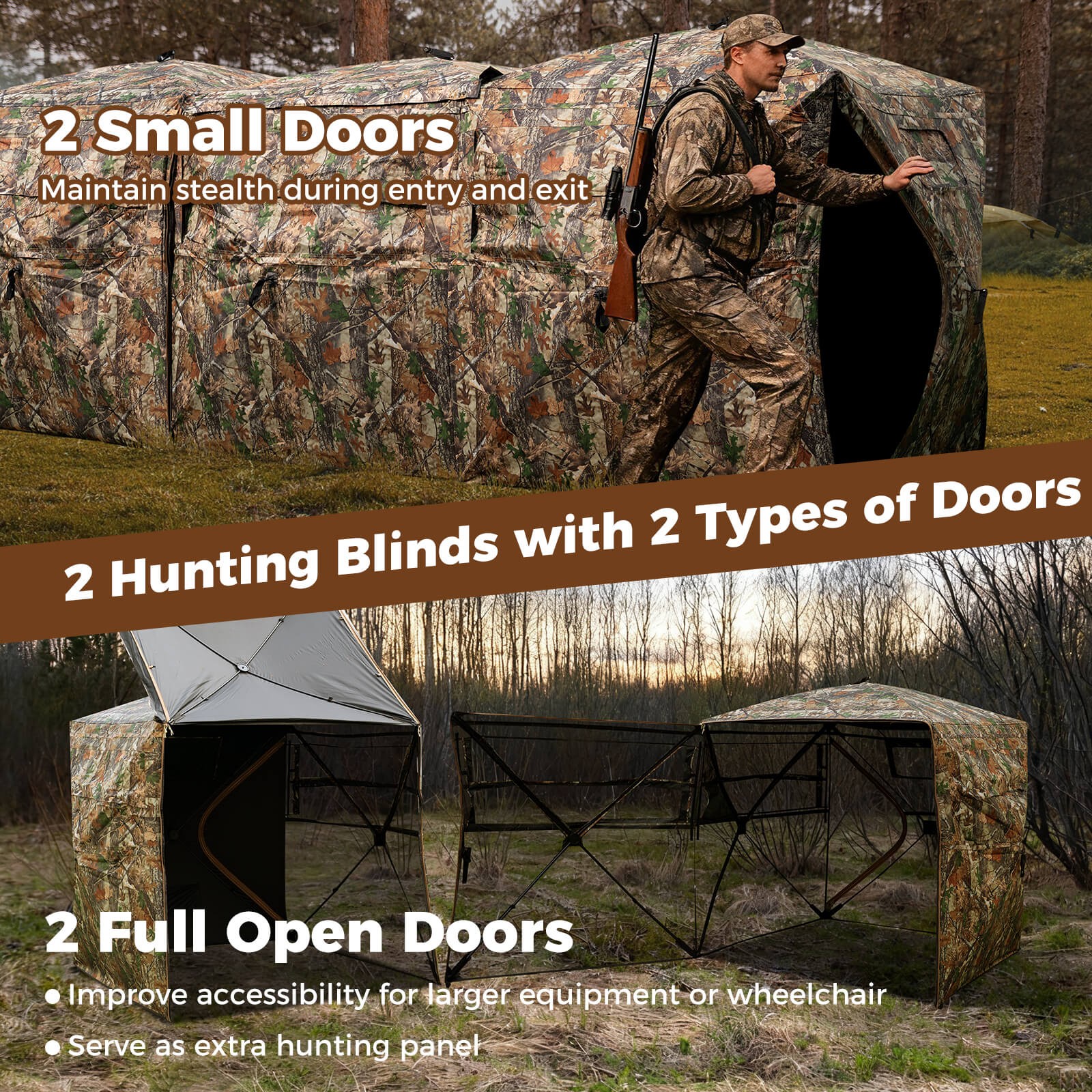 2-6 Person Side-by-Side Hunting Blinds w/Noise-free Windows, Swing Doors Bag