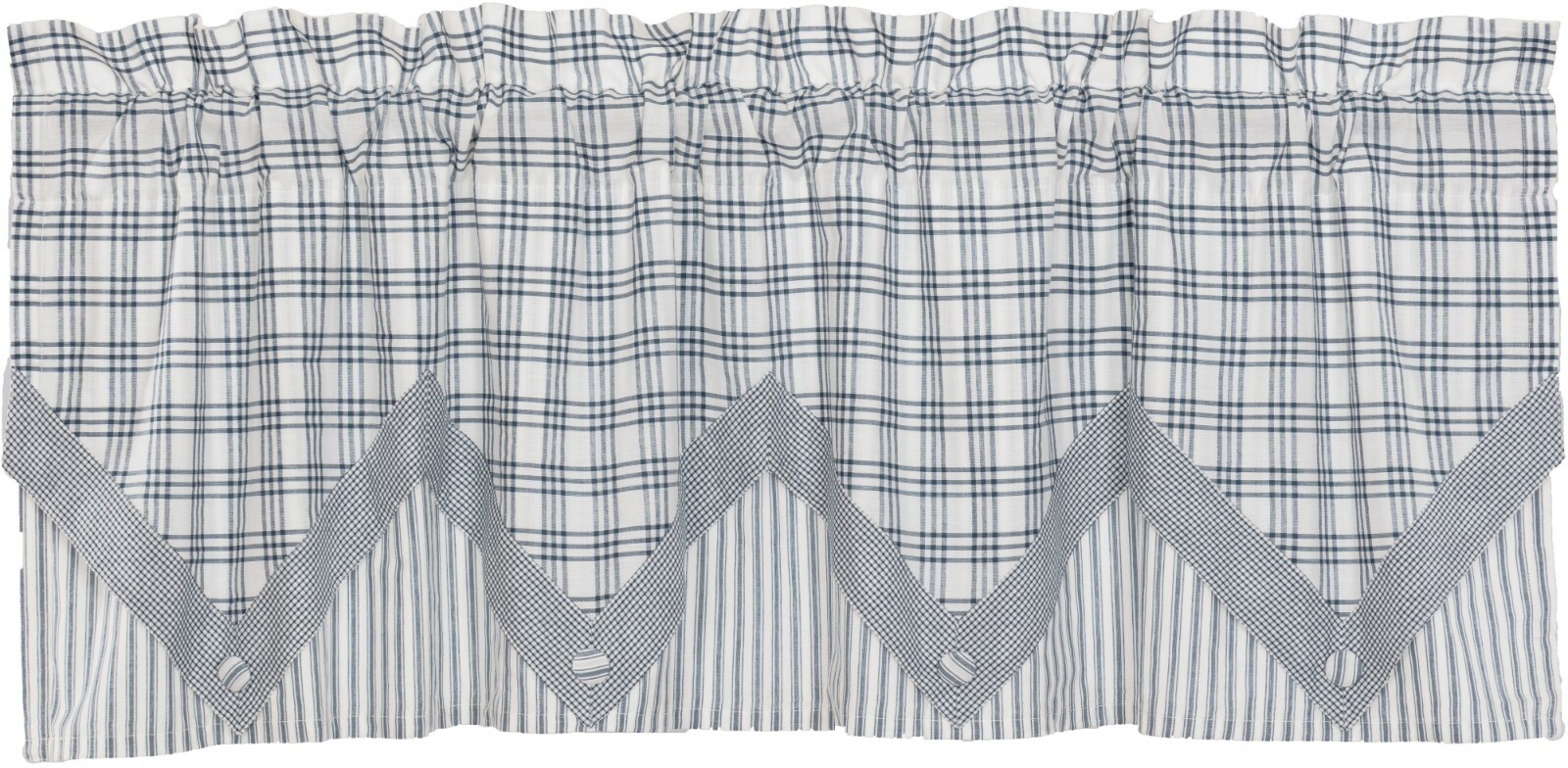 Farmhouse Blue Layered Valance Handkerchief Style w/ Button Accents Sawyer Mill