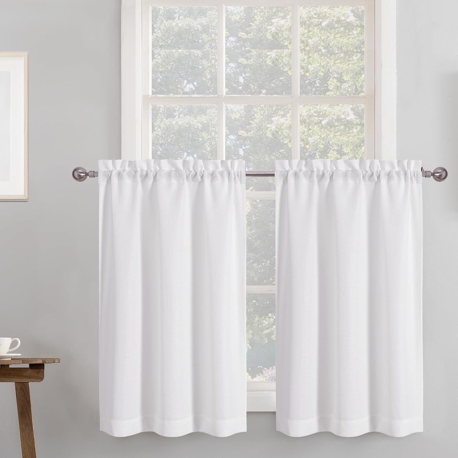 2 Panels White Curtains 24 Inch Length Tier Curtain, Faux Linen Textured Small C