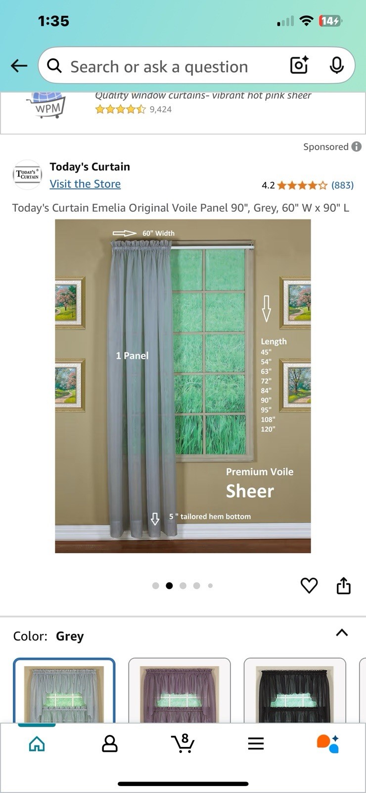 Voile Sheer Curtain Panel Emelia Original Grey 60″ W x 90″ L Elegant NEW