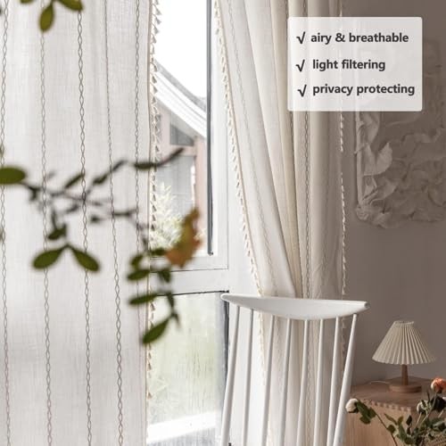 Boho Curtains Semi-Blackout 84 Inch 2 Panels for 52″W x 84″L (Pack of 2) White