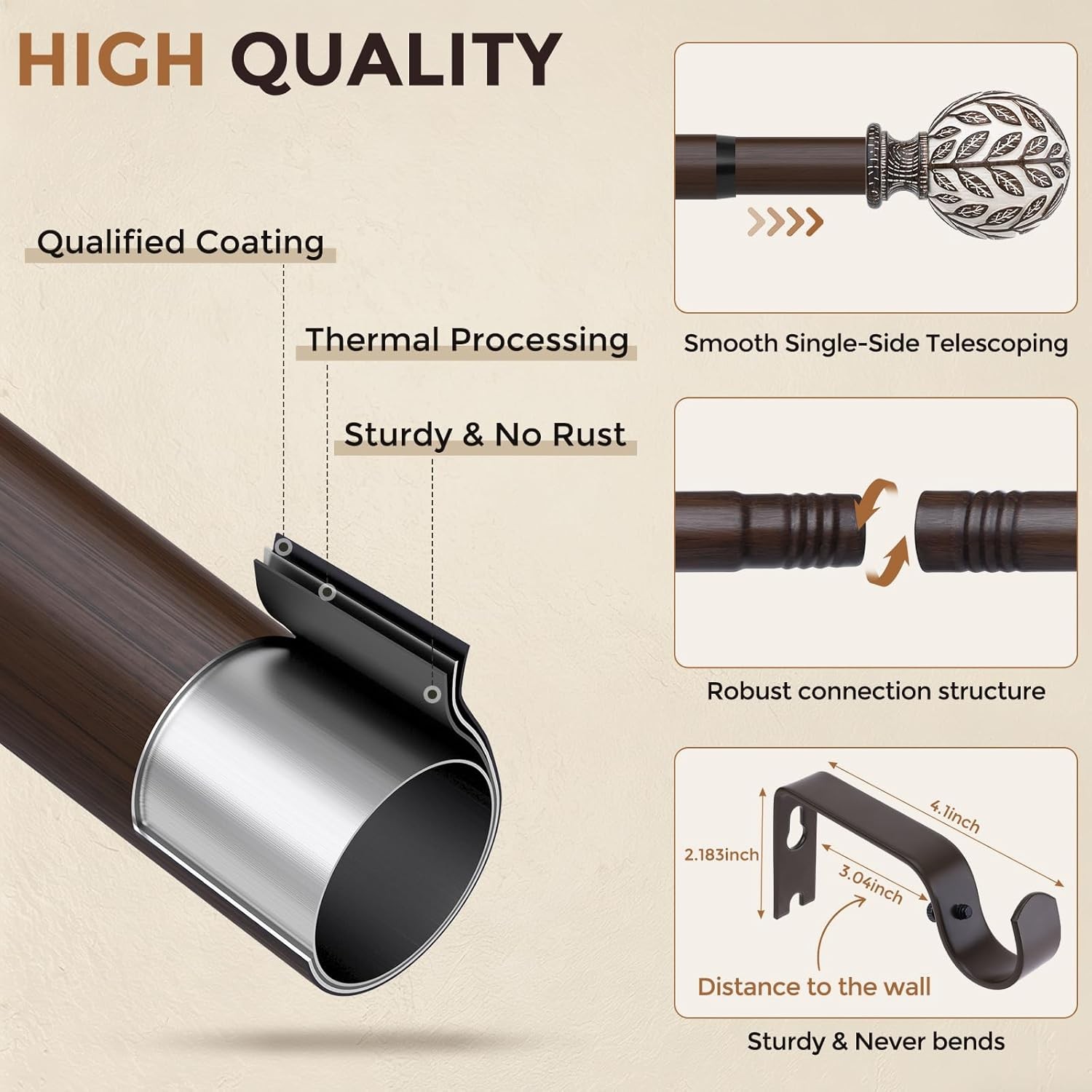 Walnut Wood Curtain Rod 36-60 Inch Boho Rustic 2 Pack