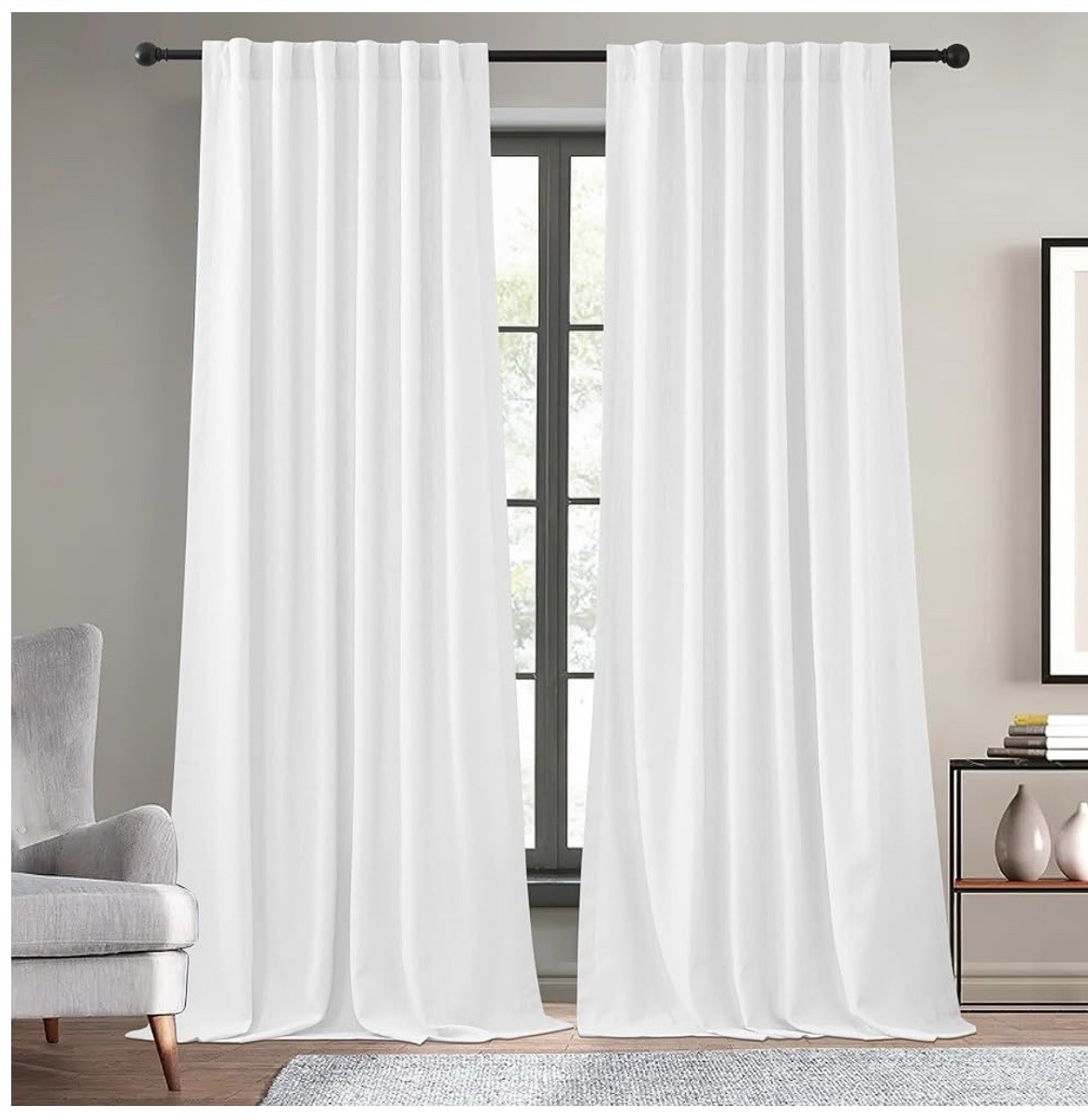 KGORGE Thick Faux Linen Weave Textured Curtains White W 52″ x L 96″ 2 Panel Set