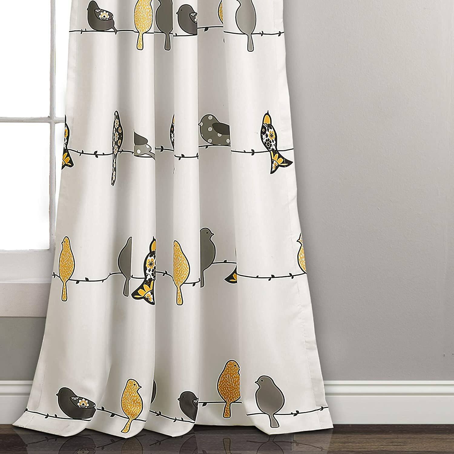 Set 2 Yellow Gray Grey Birds Line Branch White Curtains Panels Drapes 84 95 in L