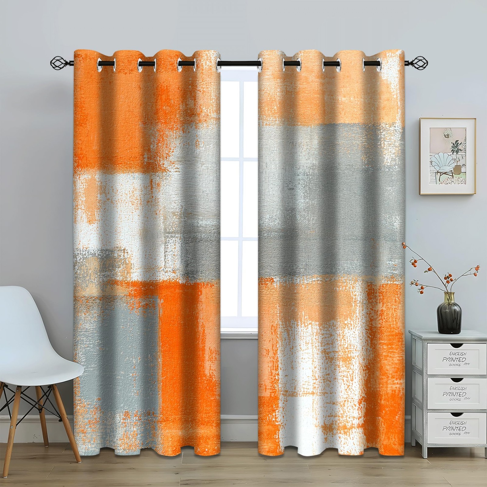 Abstract Orange Grey Blackout Curtains, Beige Aesthetic Art Painting Window D…