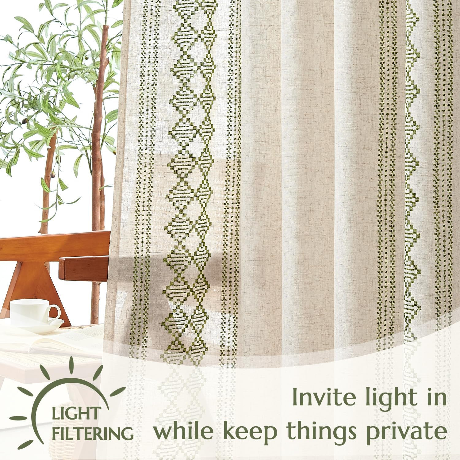 Jinchan Boho Curtains Linen Blend Beige Farmhouse Curtains 96 Inches Long for Li