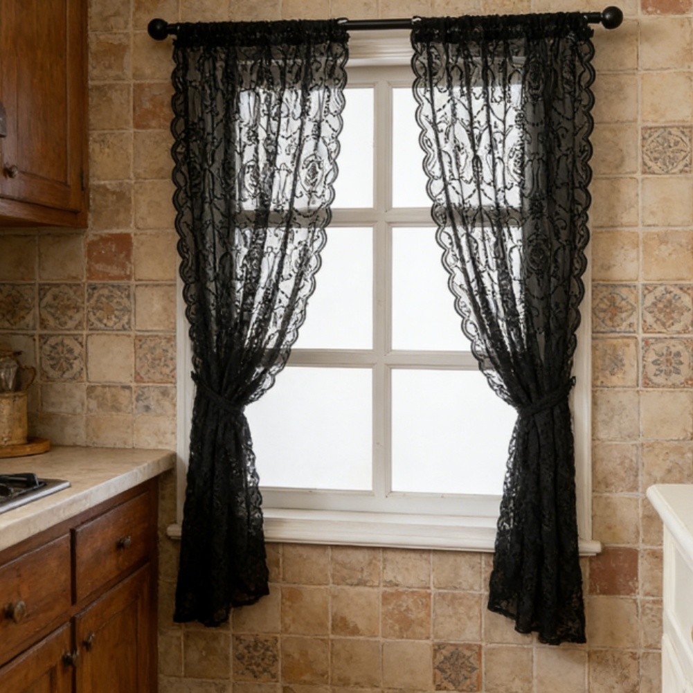 European Vintage Style Black Lace Sheer Curtains Polyester 140x100cm 140x160cm