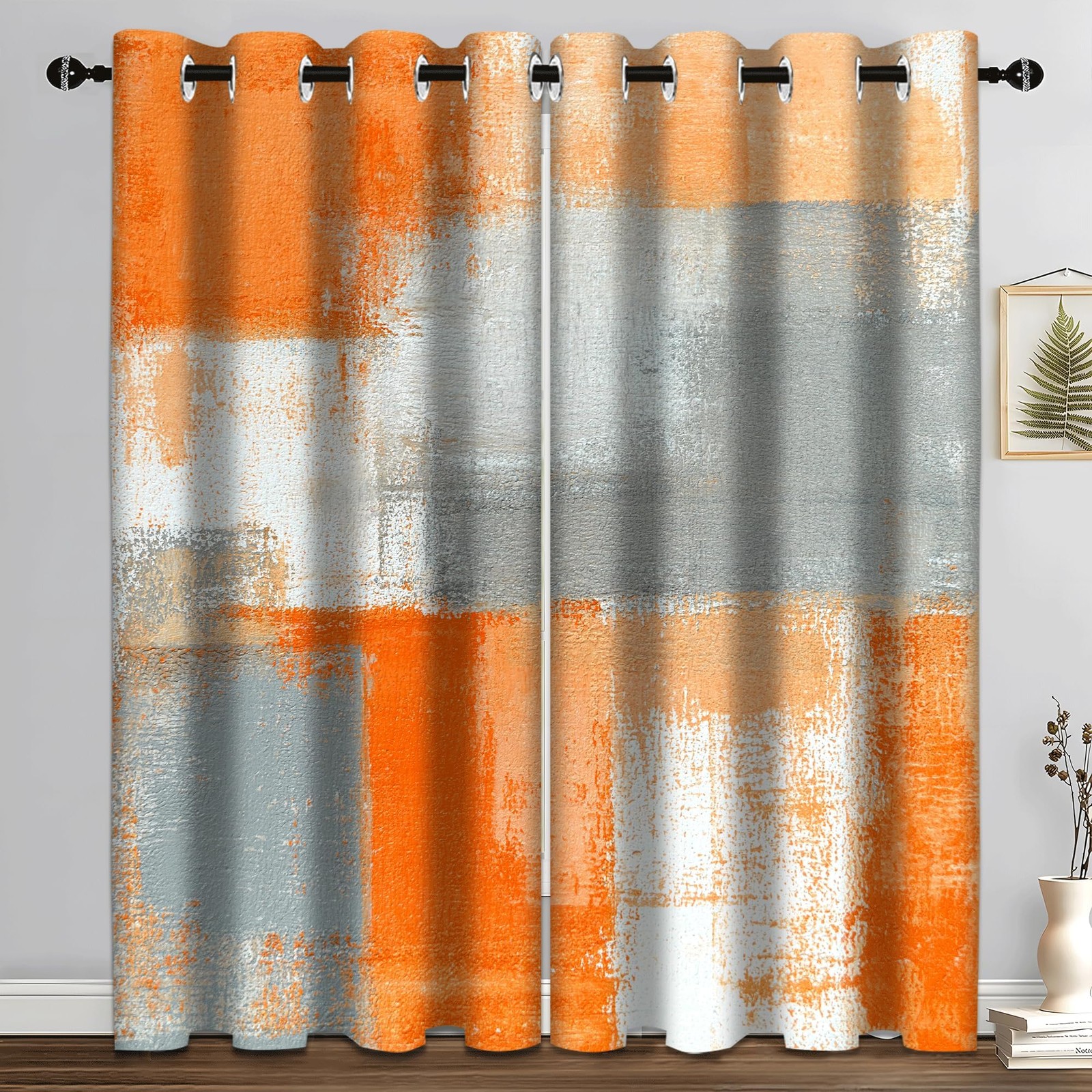 Abstract Orange Grey Blackout Curtains, Beige Aesthetic Art Painting Window D…