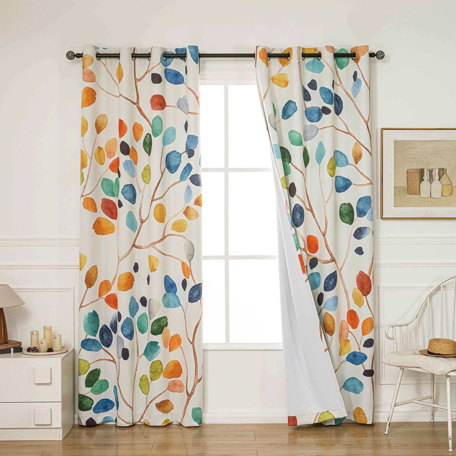 Boho Leaf Floral Blackout Curtains, Colorful Bohemian Print Window Drapes, Gr…