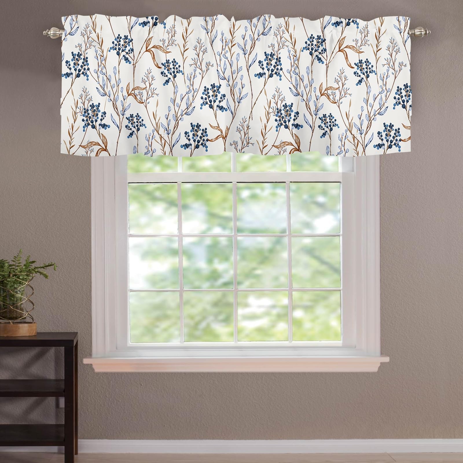 Blue Floral Kithen Curtains Valances for Windows Spring Summer Flowers Leaf S…