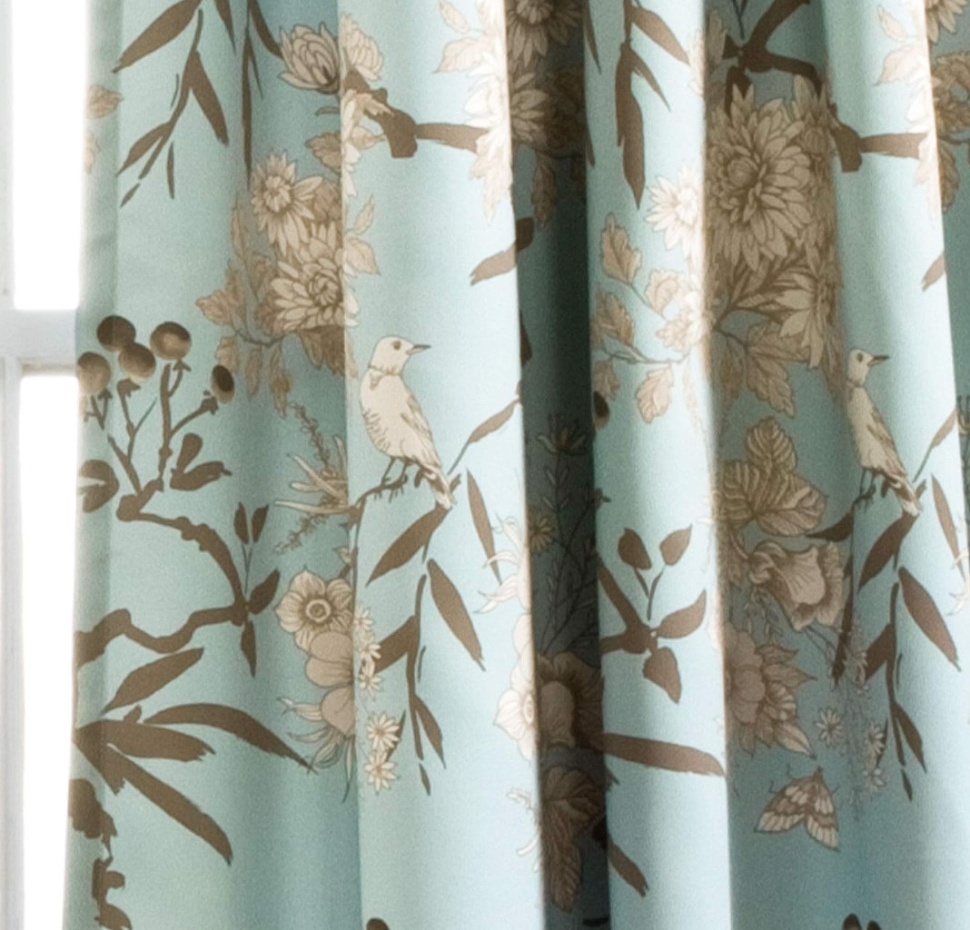 Set 2 Light Blue Brown Floral Birds Curtains Panels Drapes 84 inch L Darkening