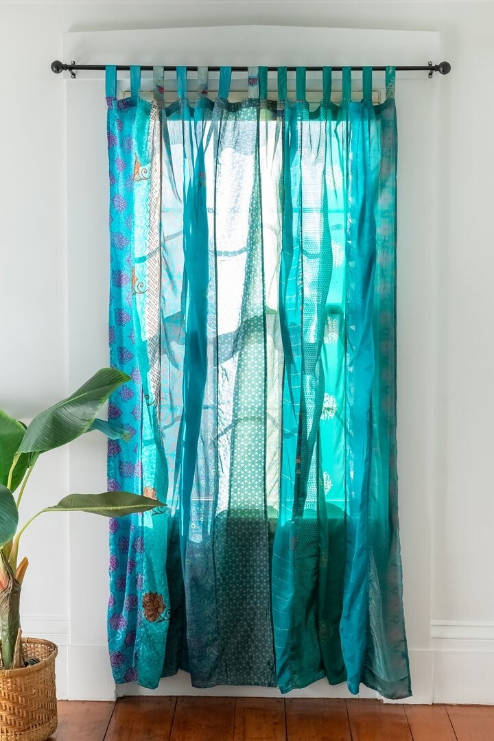 2 Pcs Indian Silk Sari Patchwork Drape Handmade Window Decor Boho Curtains
