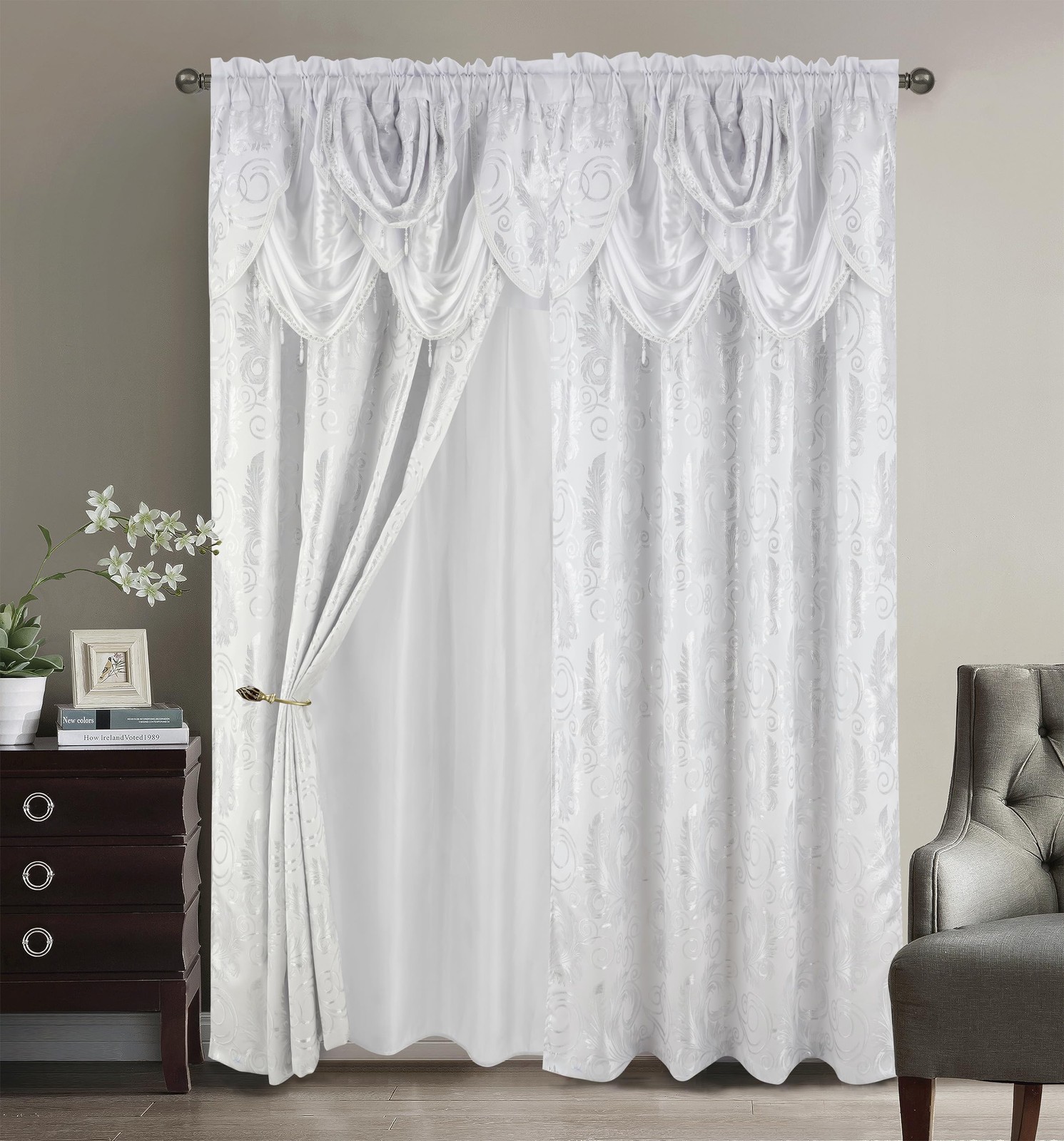 Jacquard Luxury Window 2 Panel Set White Curtain with Attached Valance and Ba…