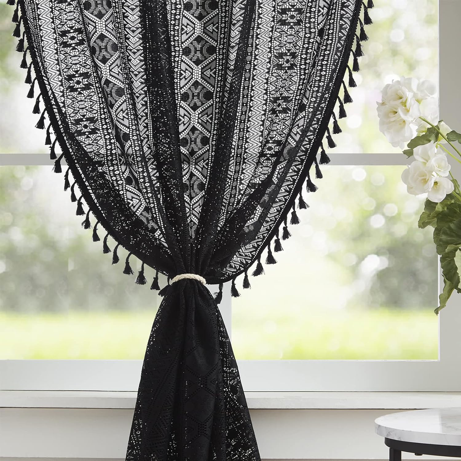 Black Boho Sheer Lace Curtains Textured Tassel Geometry Crochet Curtain Panels B