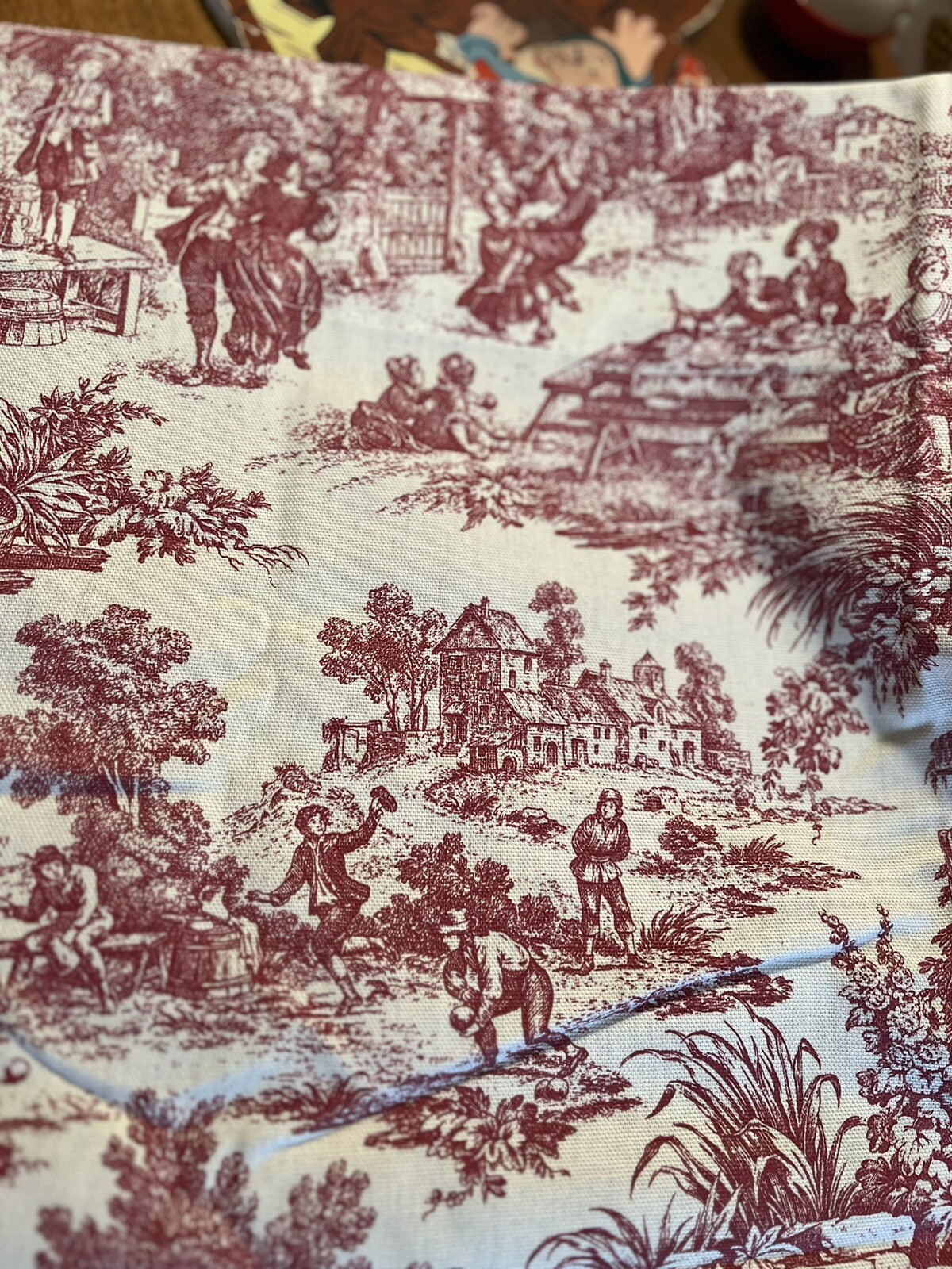 Toile Curtains Pair 100% Cotton Red And Creamy White slip Rod 56” Wide 24” Long