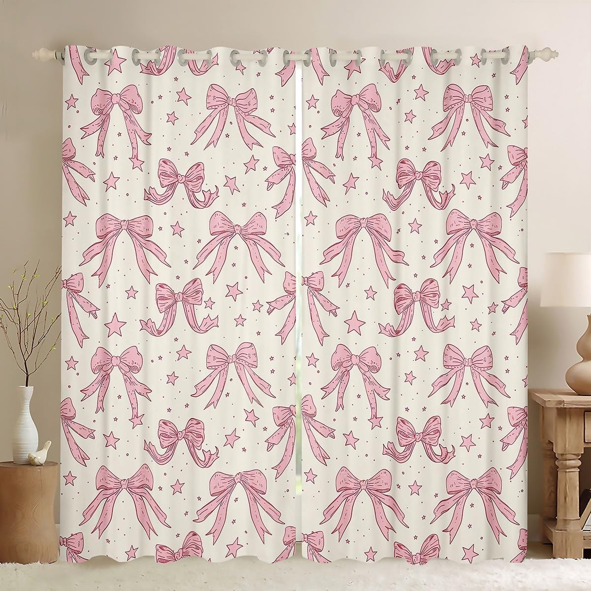 Kawaii Bow Room Darkening Blackout Curtain Bow Curtains for Bedroom Living Ro…