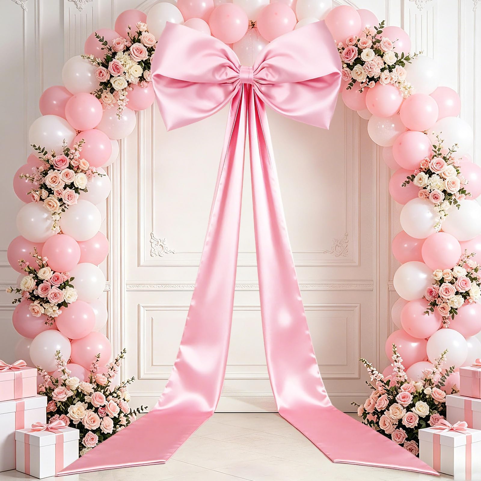 27×122 Inch Giant Pink Bow Coquette Birthday Decoration Satin Ribbon Decor