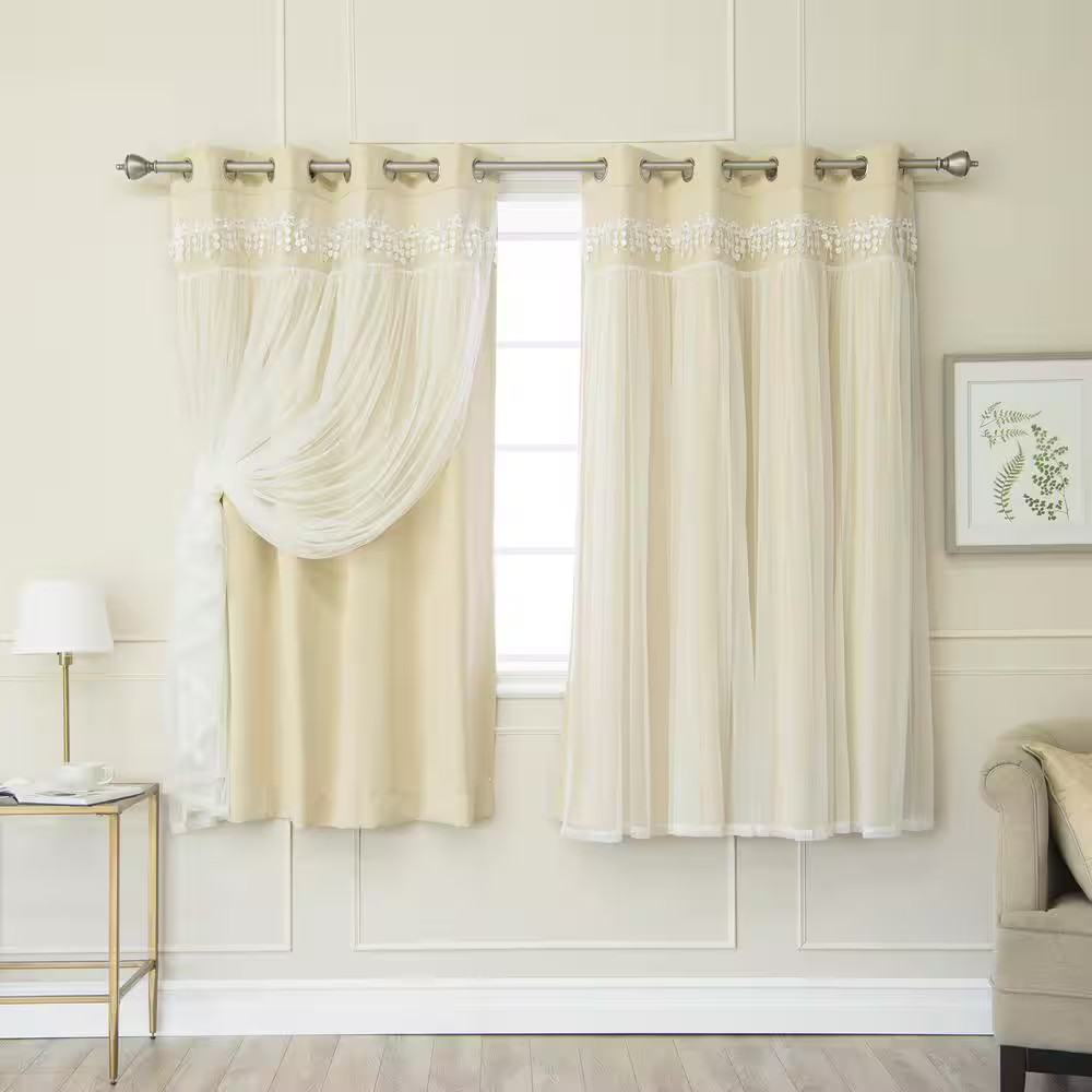 Beige Fringed Border Solid Grommet Room Darkening Curtain – 52 In. W X 63 In. L