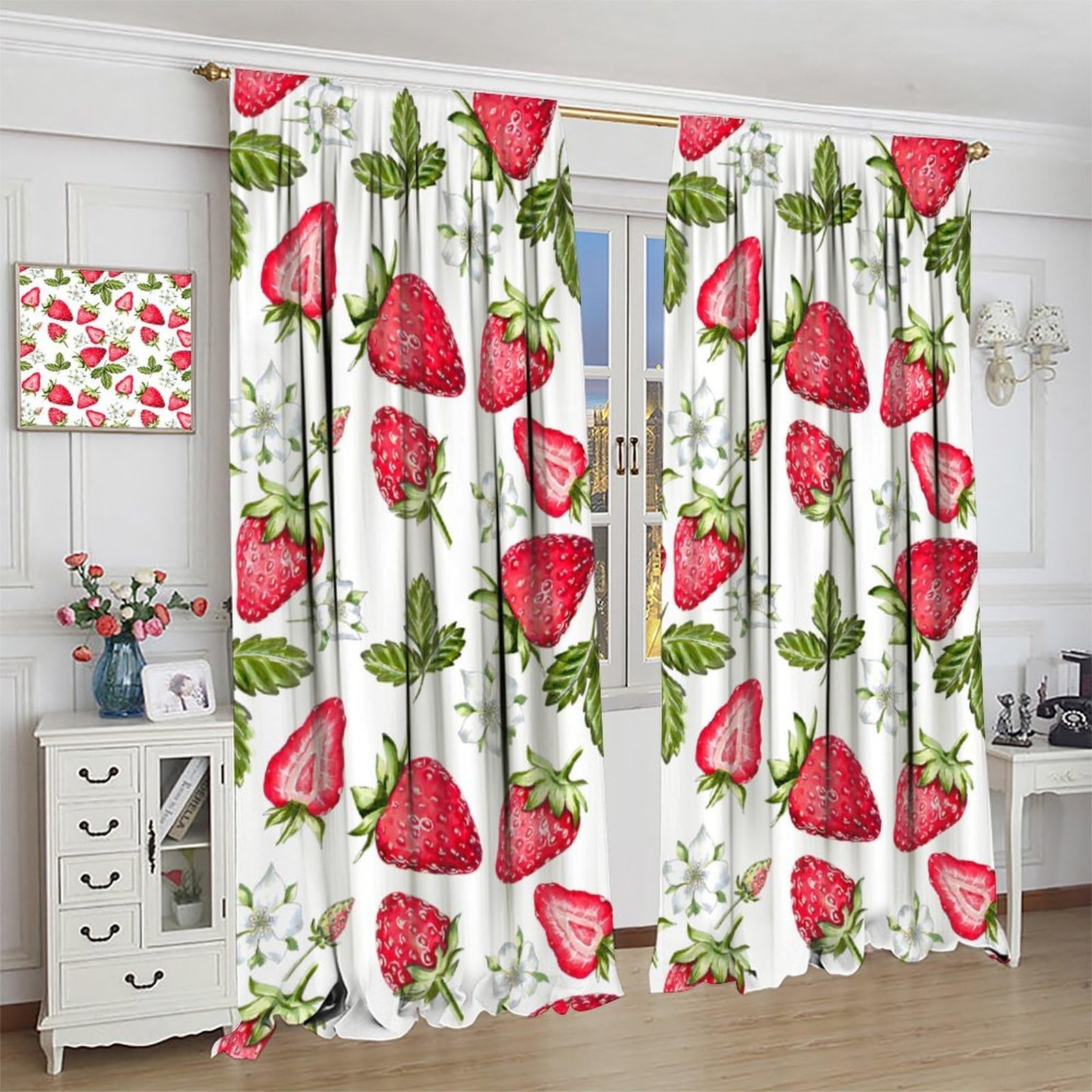 Strawberry Curtains Summer Red Fruit Flower Green Leaf Blue Butterfly Window …