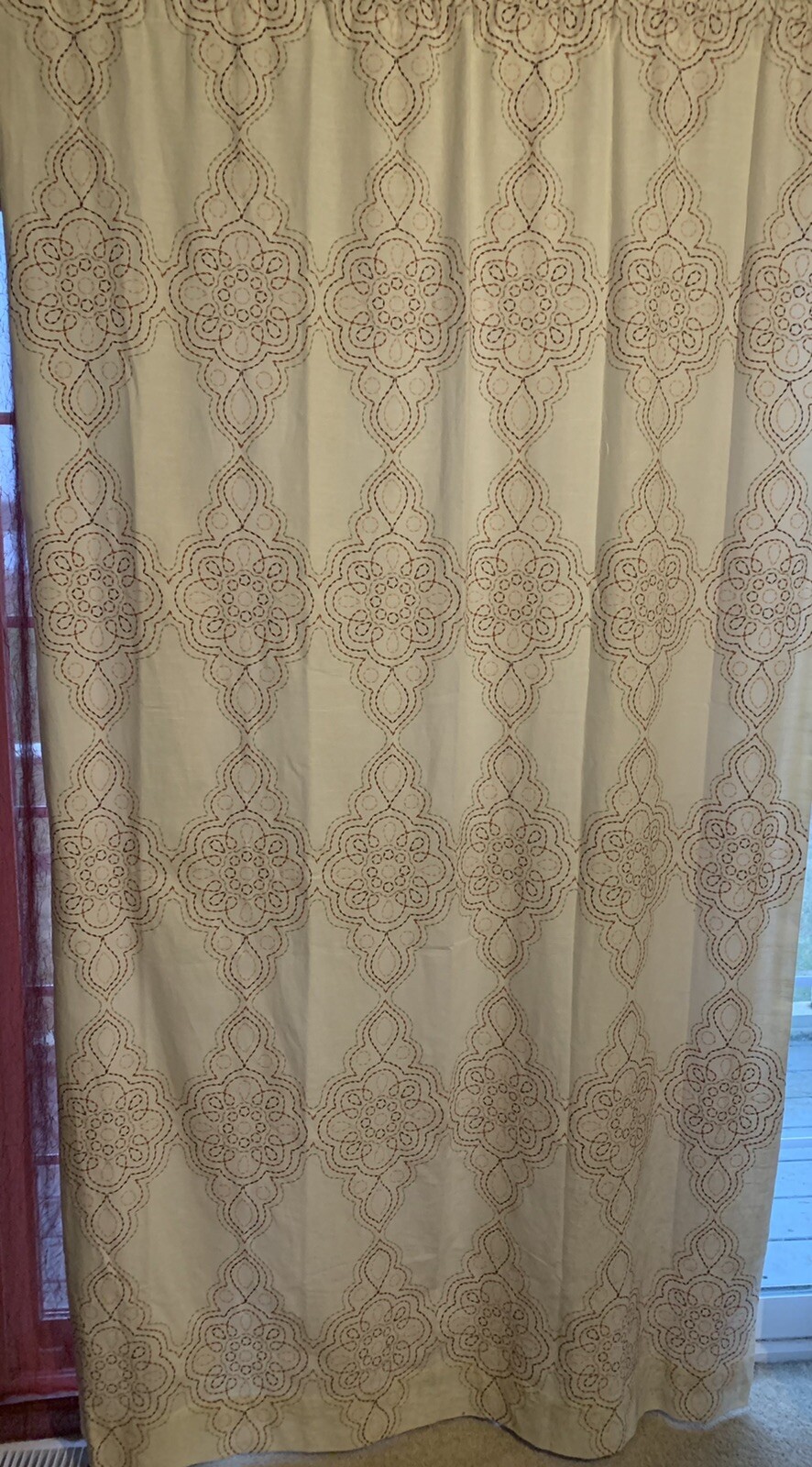 Pottery barn cream & burgundy window panel, 50Wx84L, 2 included