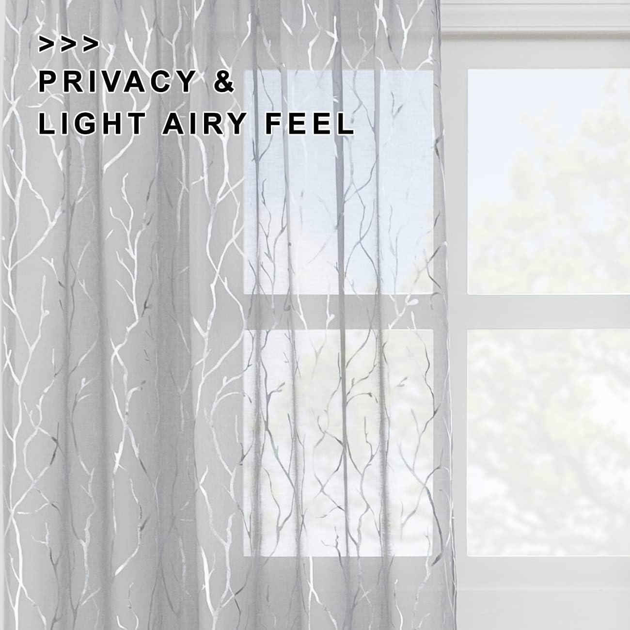 Sheer Grey Curtains Silver Tree Branch – Printed Artistic Branches Pattern Rod P