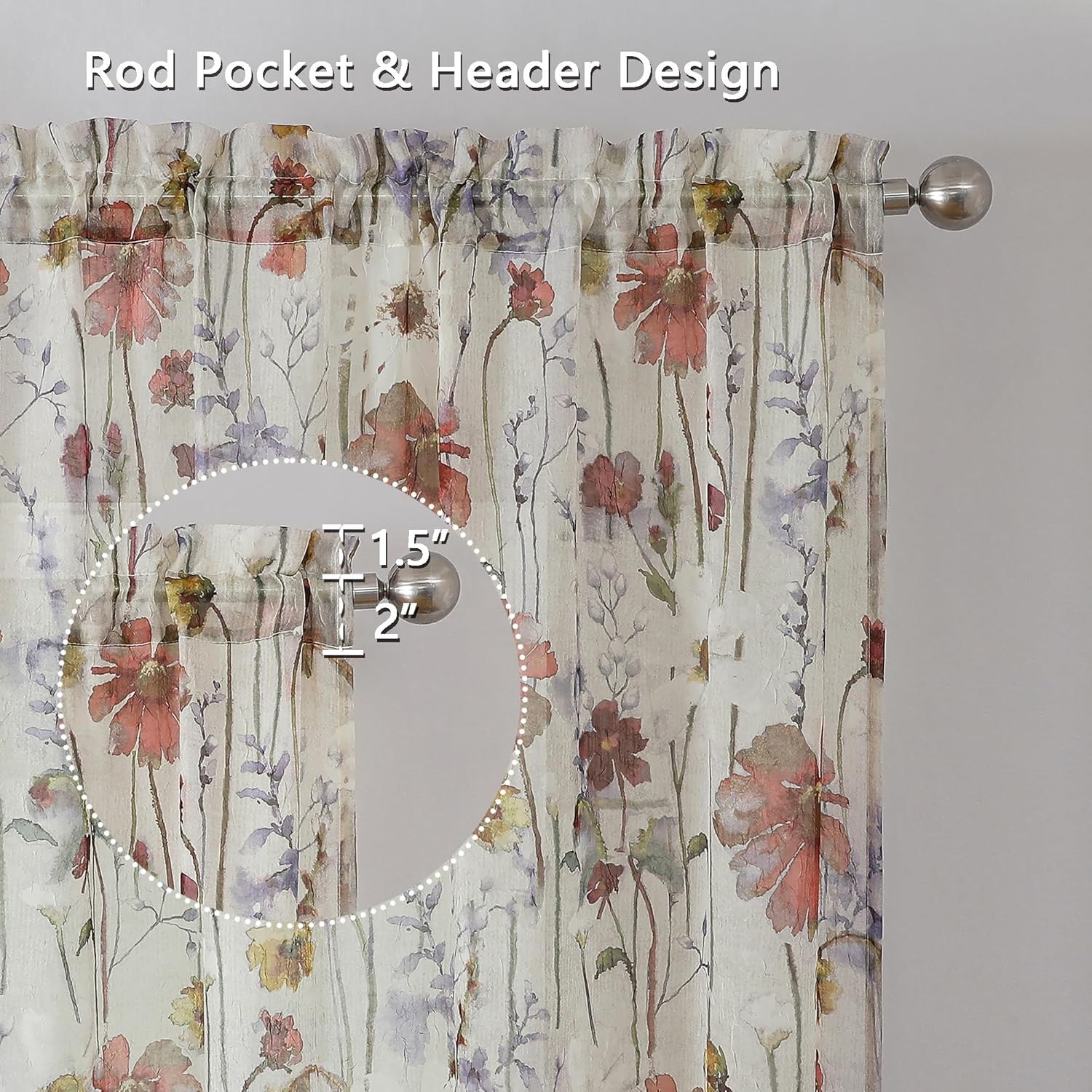 Crushed Sheer Curtains Kitchen Tiers 36 Inch Length 2 Panels, Printed Design Sma
