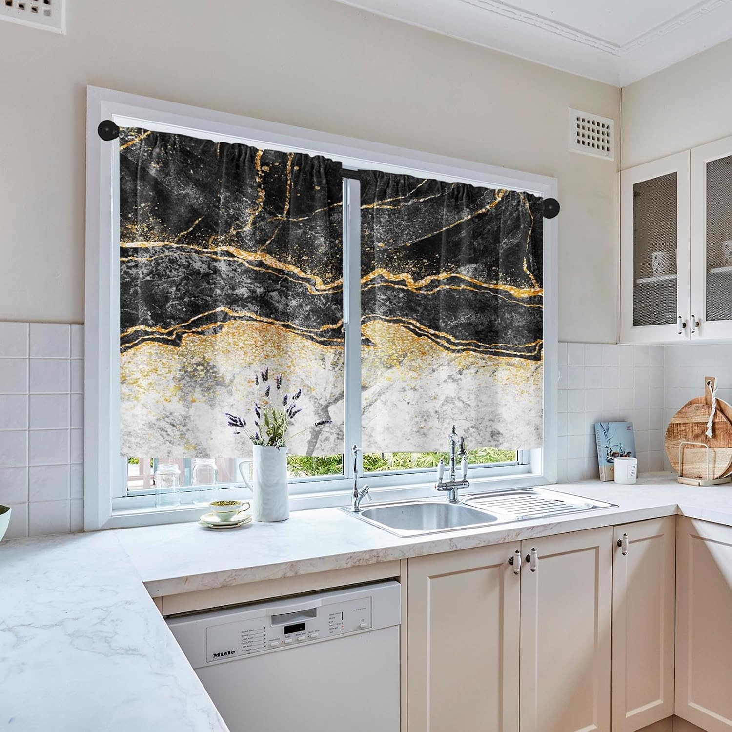 Vintage Black Gold Silver Marble Kitchen over Sink Window Curtains Set of 2, Abs
