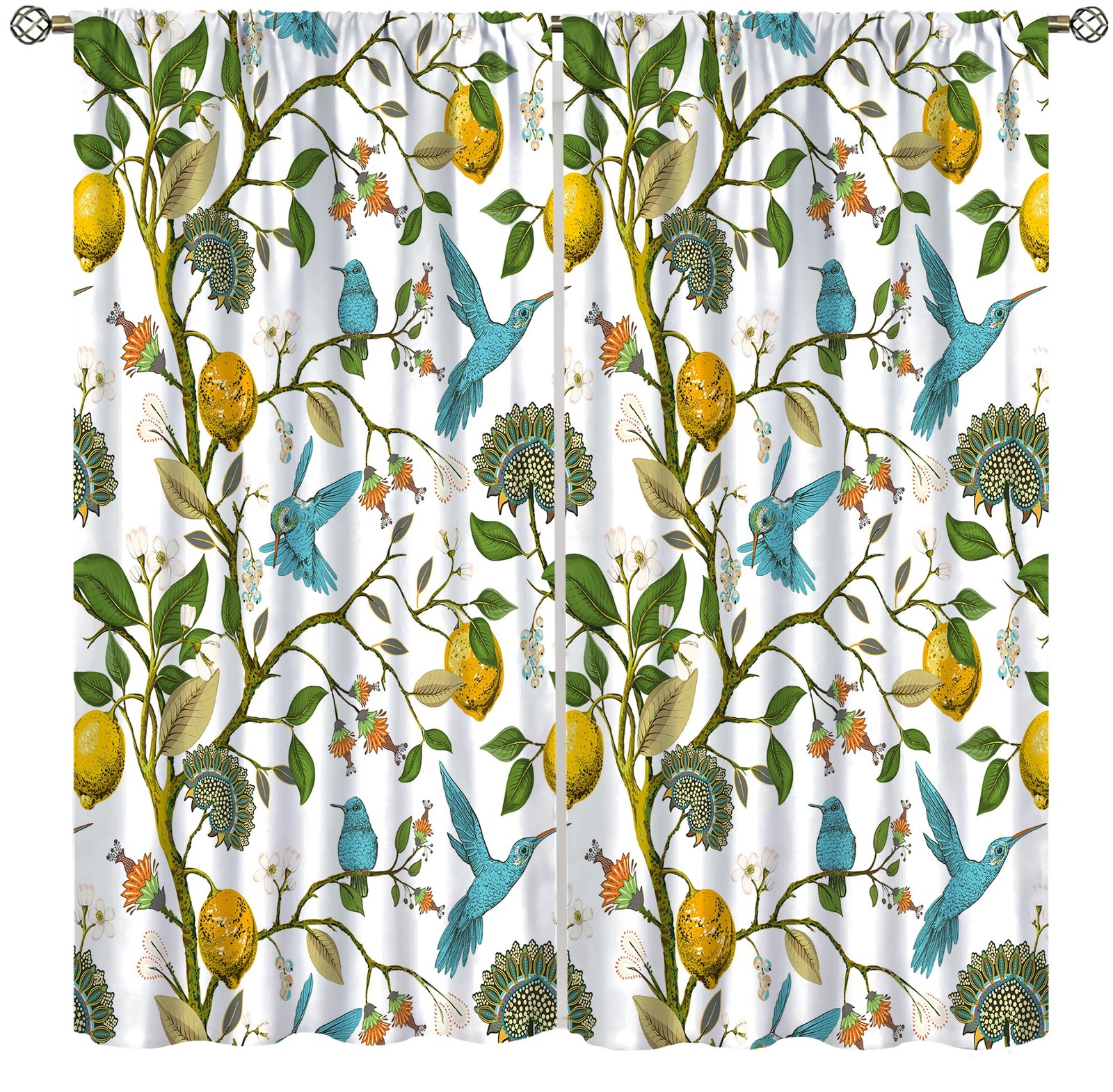 Vintage Lemon Bird Curtains, Retro Blue Birds Hummingbird Fruit Tree Boho Sty…