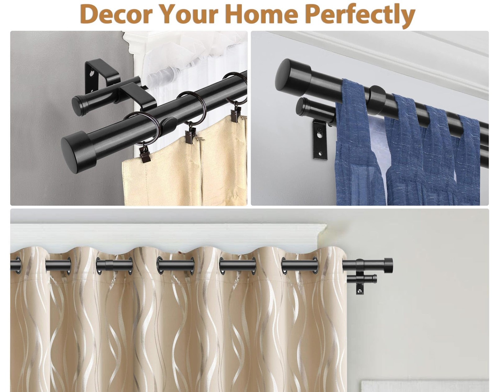 KAMANINA 1 Inch Double Curtain Rods 66 to 120 Inches (5.5-10 66-120″, Black
