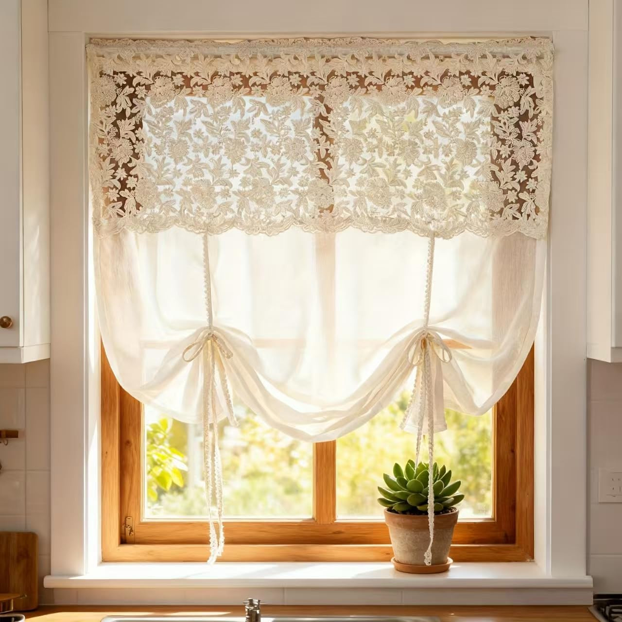 Beige Tie-Back Curtains,Adjustable Elegant Bathroom Sheers,Room Divider Curtains