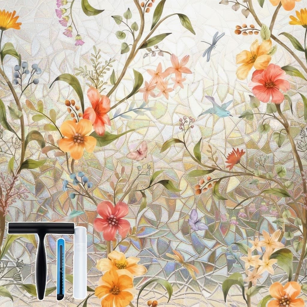 Rainbow Privacy Film Static Cling Floral 17.5×78.7