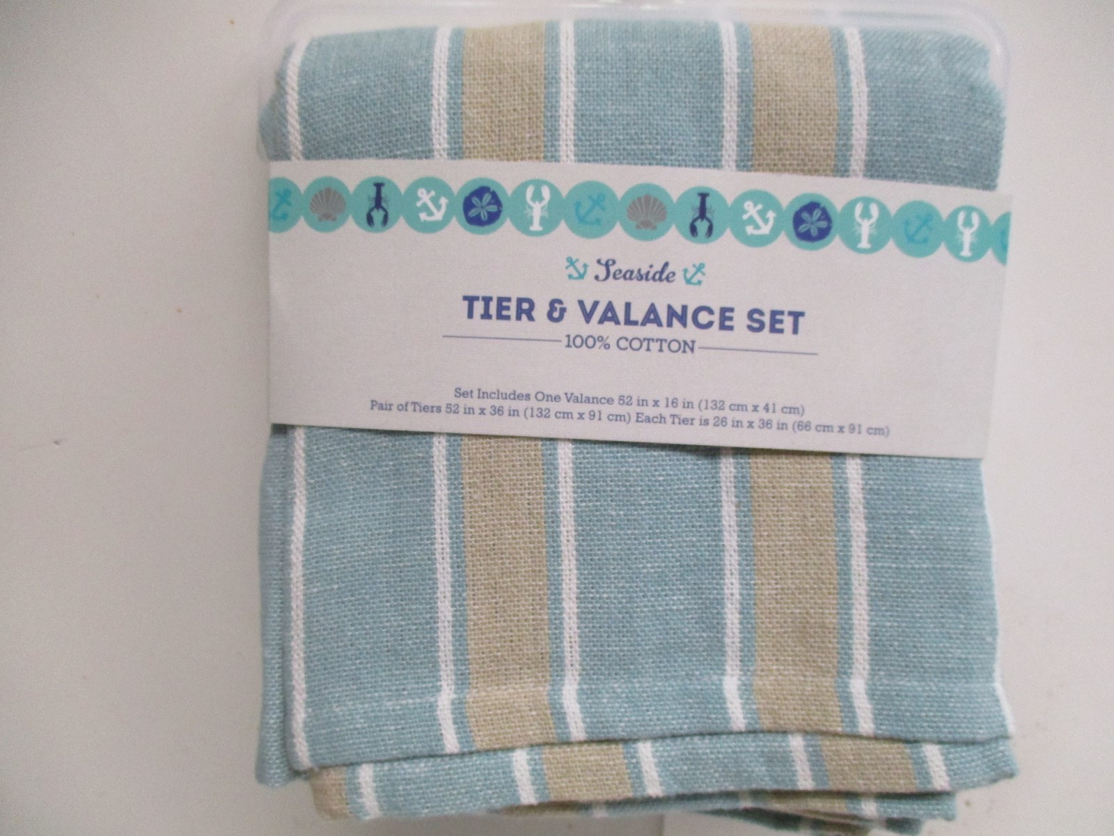 Farmhouse Blue & Tan Stripe Window Tier & Valance SET – Cottage Chic