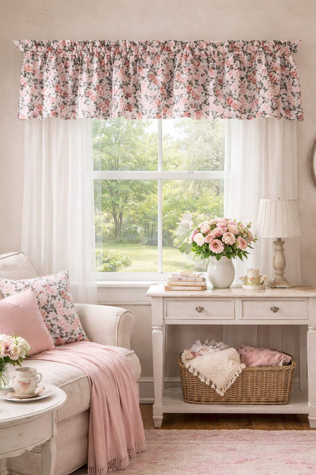 Mauve Paris Rose Valance Curtain, Pink, Spring and Floral Valance Curtain