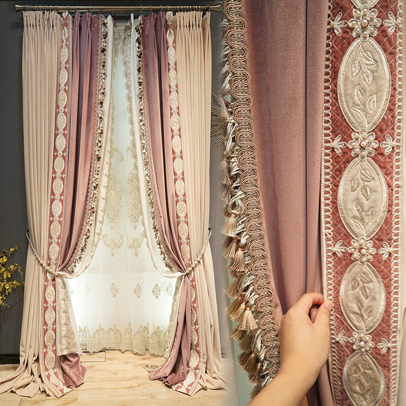 French flannelette embroidery pink velvet cloth blackout curtain drape C1506*