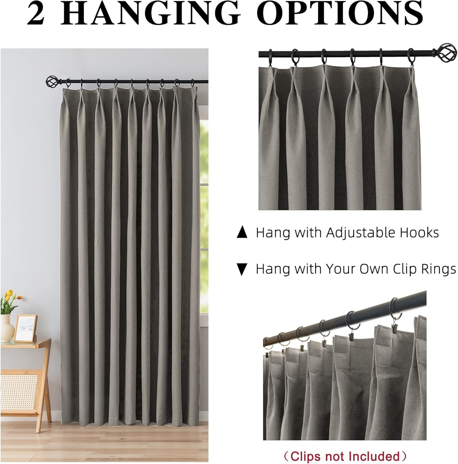 Blackout Pinch Pleat Curtain, Faux Linen, 72×96, Waterproof, Stone Color